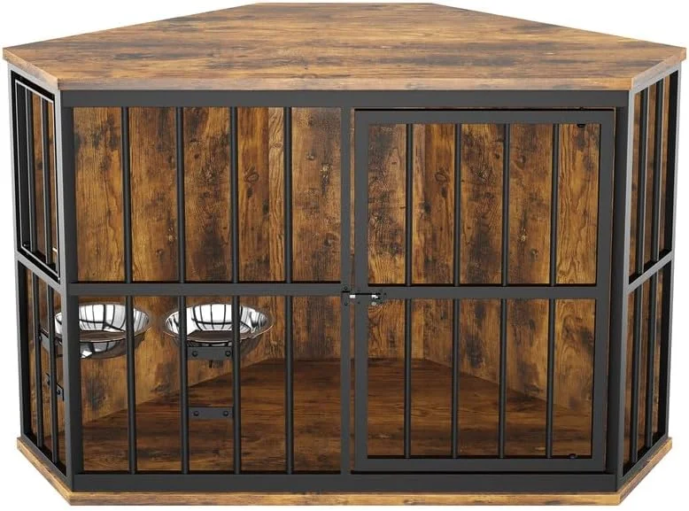 قفس سگ مبلمان گوشه ای ROOMTEC سایز 42 اینچ، میز کناری چوبی گوشه ای لانه سگ با کاسه، قفس حیوانات خانگی داخلی میز کنار گوشه ای برای سگ ها، رویه پهن مناسب برای فضای محدود