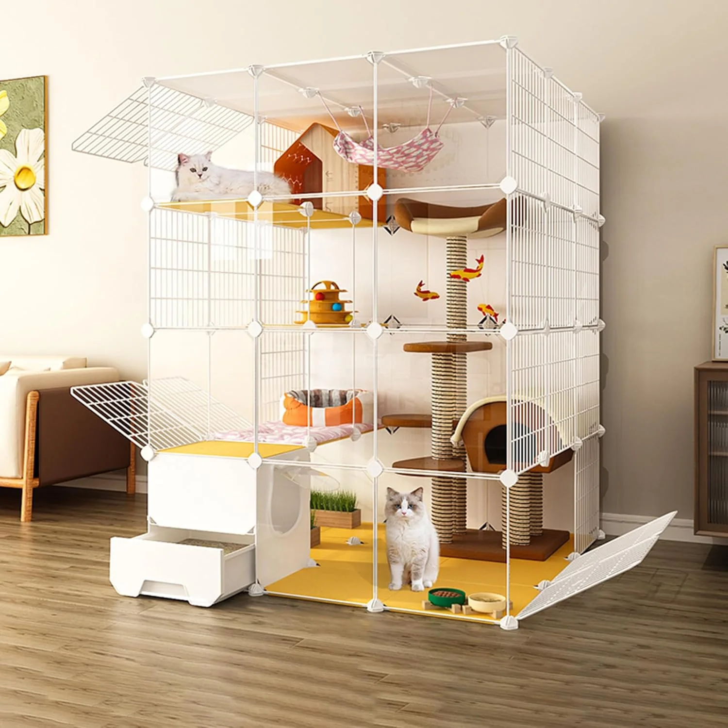 محوطه بازی بزرگ قابل حمل برای حیوانات خانگی کوچک، مناسب فضای داخلی، دارای جعبه خاک، قفس حیوانات خانگی، محوطه بازی گربه، مناسب سگ و گربه کوچک، ابعاد 111 * 111 * 147 سانتی متر