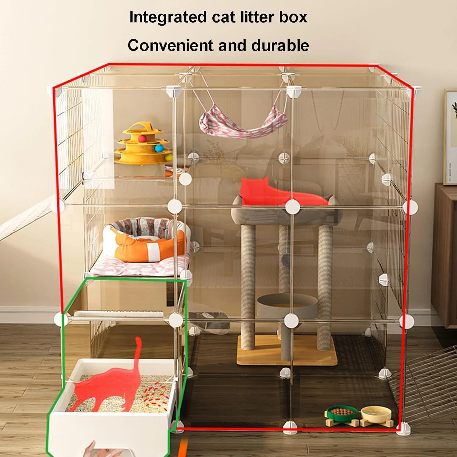 محوطه بازی بزرگ قابل حمل برای حیوانات خانگی کوچک، مناسب فضای داخلی، دارای جعبه خاک، قفس حیوانات خانگی، محوطه بازی گربه، مناسب سگ و گربه کوچک، ابعاد 111 * 111 * 147 سانتی متر