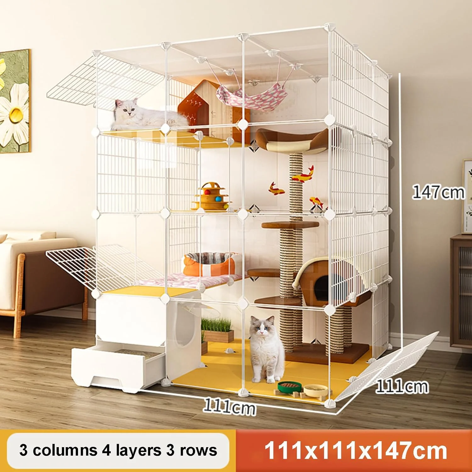 محوطه بازی بزرگ قابل حمل برای حیوانات خانگی کوچک، مناسب فضای داخلی، دارای جعبه خاک، قفس حیوانات خانگی، محوطه بازی گربه، مناسب سگ و گربه کوچک، ابعاد 111 * 111 * 147 سانتی متر