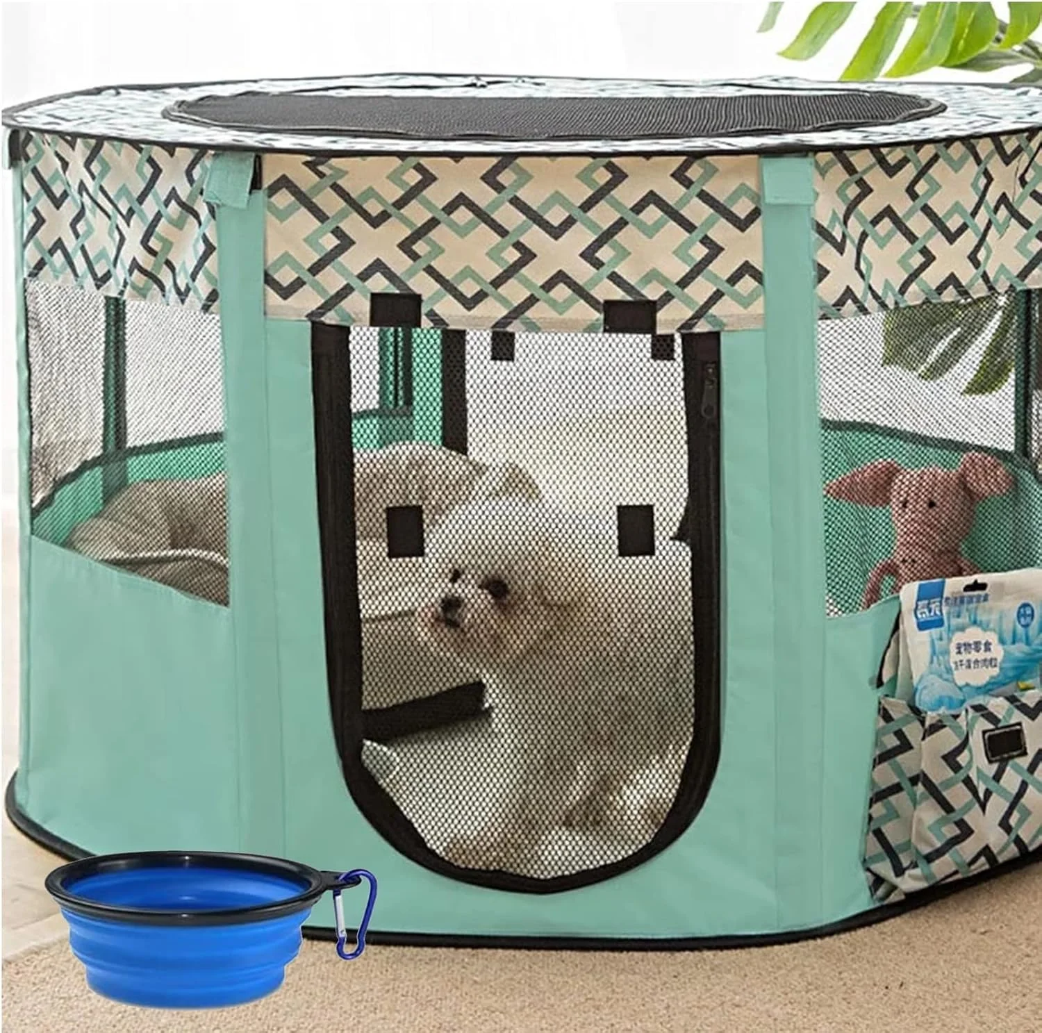 محوطه بازی تاشو قابل حمل برای حیوانات خانگی، سگ، گربه، قفس تمرینی، چادر مناسب فضای داخلی/خارجی، خانه قفس سگ، زمین بازی به همراه کیف حمل رایگان و کاسه تاشو، سبز، سایز S