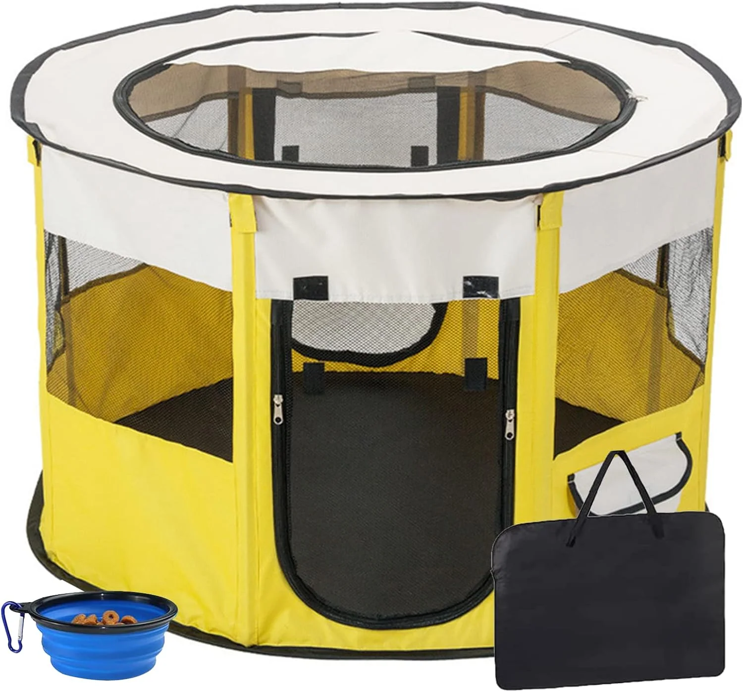 محوطه بازی تاشو قابل حمل حیوانات خانگی، محوطه بازی سگ، قفس توله سگ، قفس تاشو، چادر تمرین قفس برای سگ، گربه، خرگوش، همستر، کیف حمل رایگان + کاسه مسافرتی رایگان، زرد، M