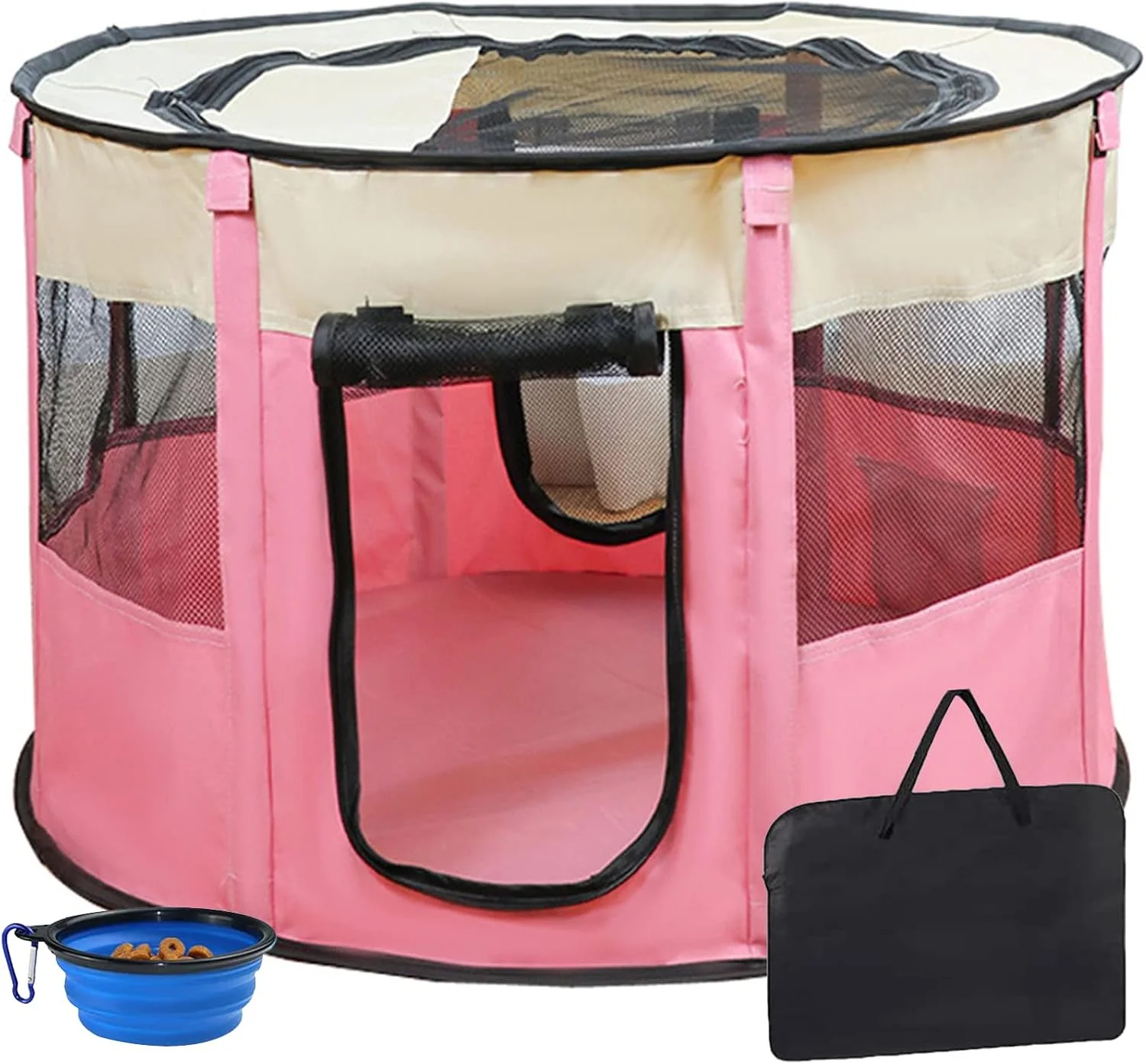 محوطه بازی تاشو قابل حمل برای حیوانات خانگی، محوطه بازی سگ، محوطه بازی توله سگ، قفس تاشو، چادر تمرینی برای سگ، گربه، خرگوش، همستر، دارای کیف حمل رایگان + کاسه مسافرتی رایگان، صورتی، سایز S