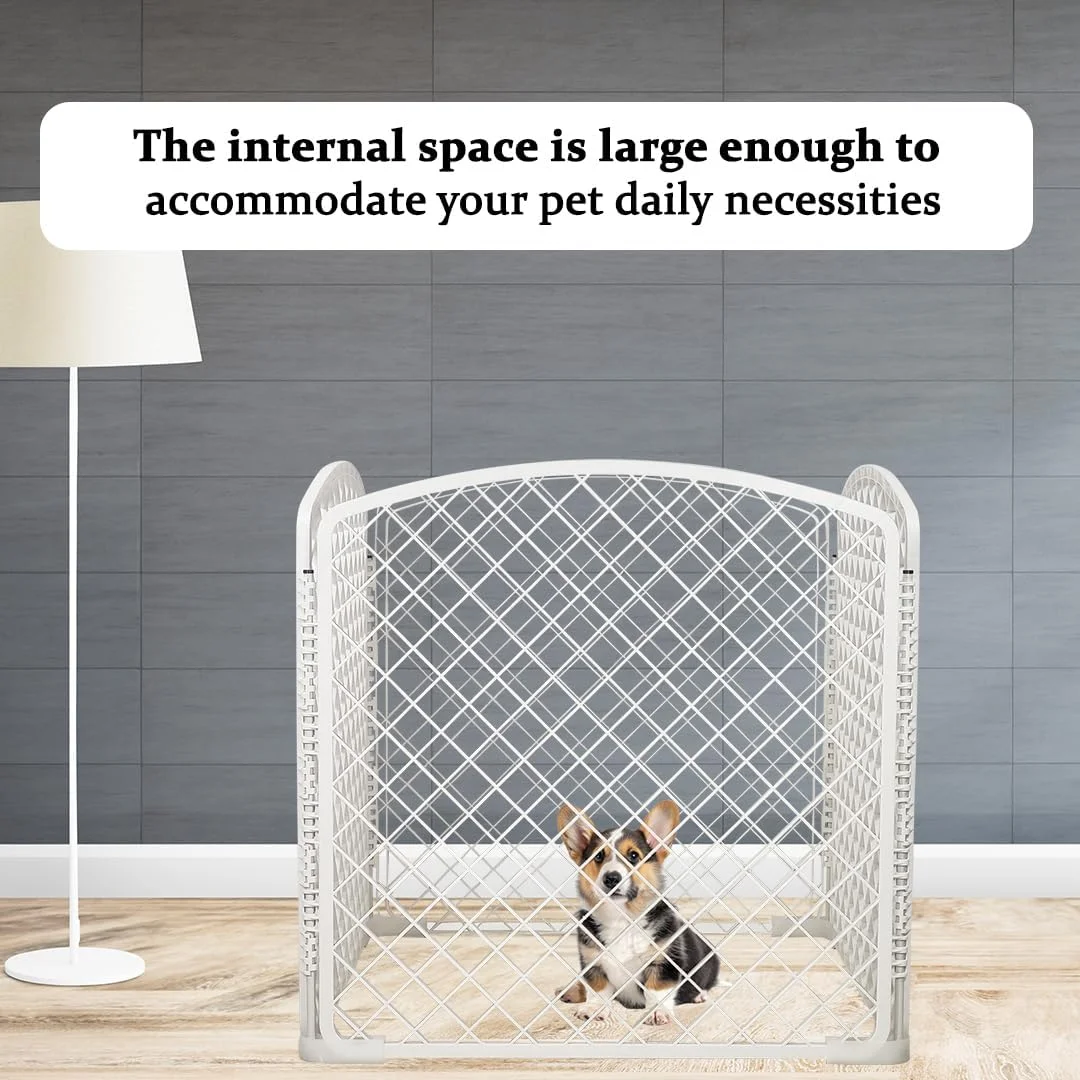محوطه بازی سگ | محوطه بازی بادوام 4 پنلی برای سگ های کوچک تا متوسط | حصار پلاستیکی سنگین با طراحی تاشو، ساختار محکم - ایده آل برای استفاده در داخل و خارج از منزل، 74 سانتی متر (سفید)