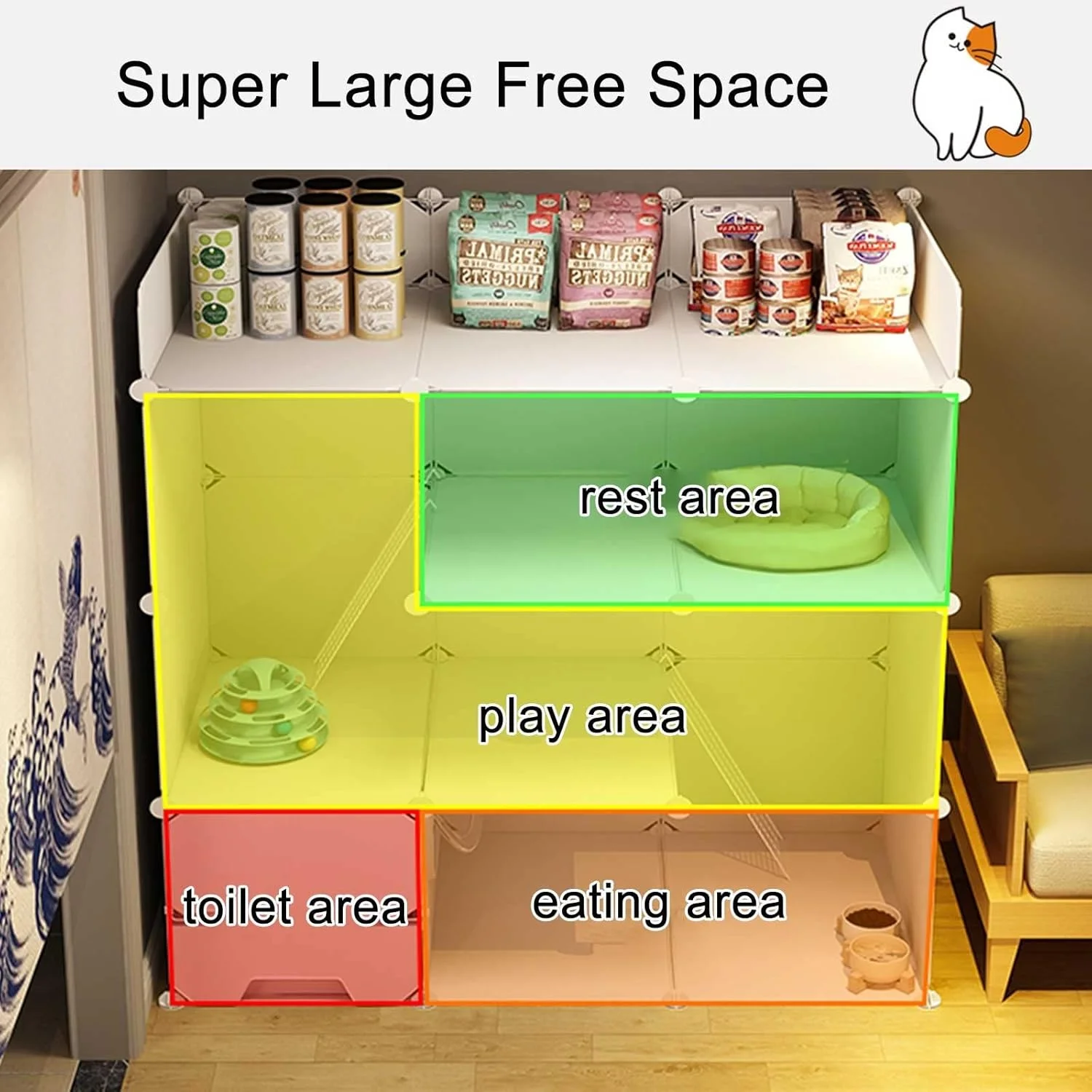 محفظه بازی گربه سرپوشیده، قفس گربه، محوطه گربه، قفس فلزی جداشدنی گربه با جعبه بستر گربه محصور، قفس سگ برای سگ های کوچک - برای حیوانات کوچک، توله سگ ها، بچه گربه، 111X49X89CM(A)