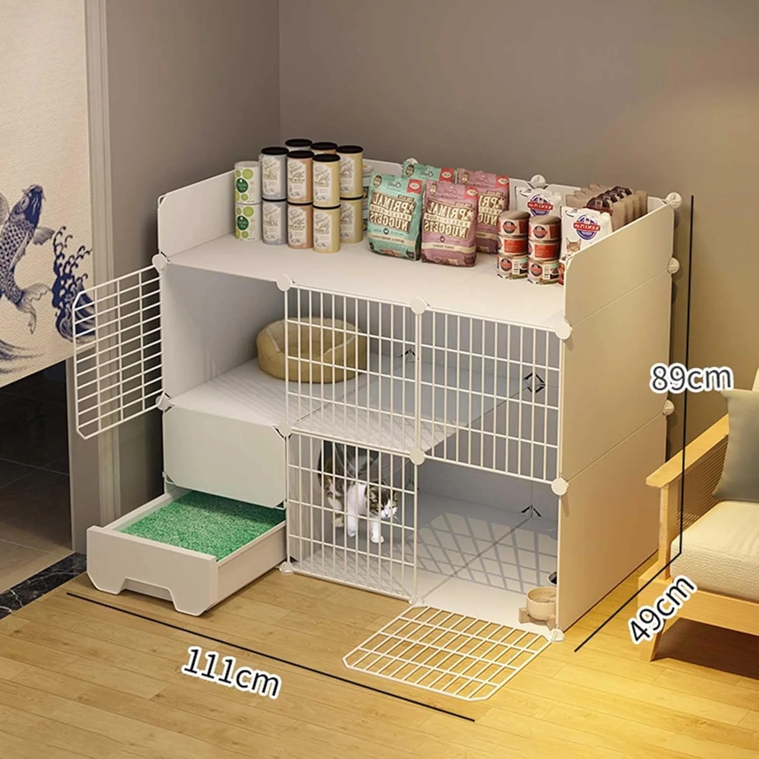 محفظه بازی گربه سرپوشیده، قفس گربه، محوطه گربه، قفس فلزی جداشدنی گربه با جعبه بستر گربه محصور، قفس سگ برای سگ های کوچک - برای حیوانات کوچک، توله سگ ها، بچه گربه، 111X49X89CM(A)