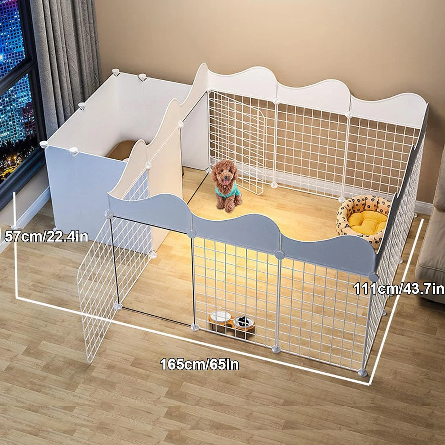 فنس سگ کوچک، محوطه بازی حیوانات خانگی، قفس سیم فلزی حیاط برای حیوانات کوچک، فضای بزرگ، با منطقه آموزش توالت برای سگ، بچه گربه، خرگوش سایز کوچک، سفید، توری