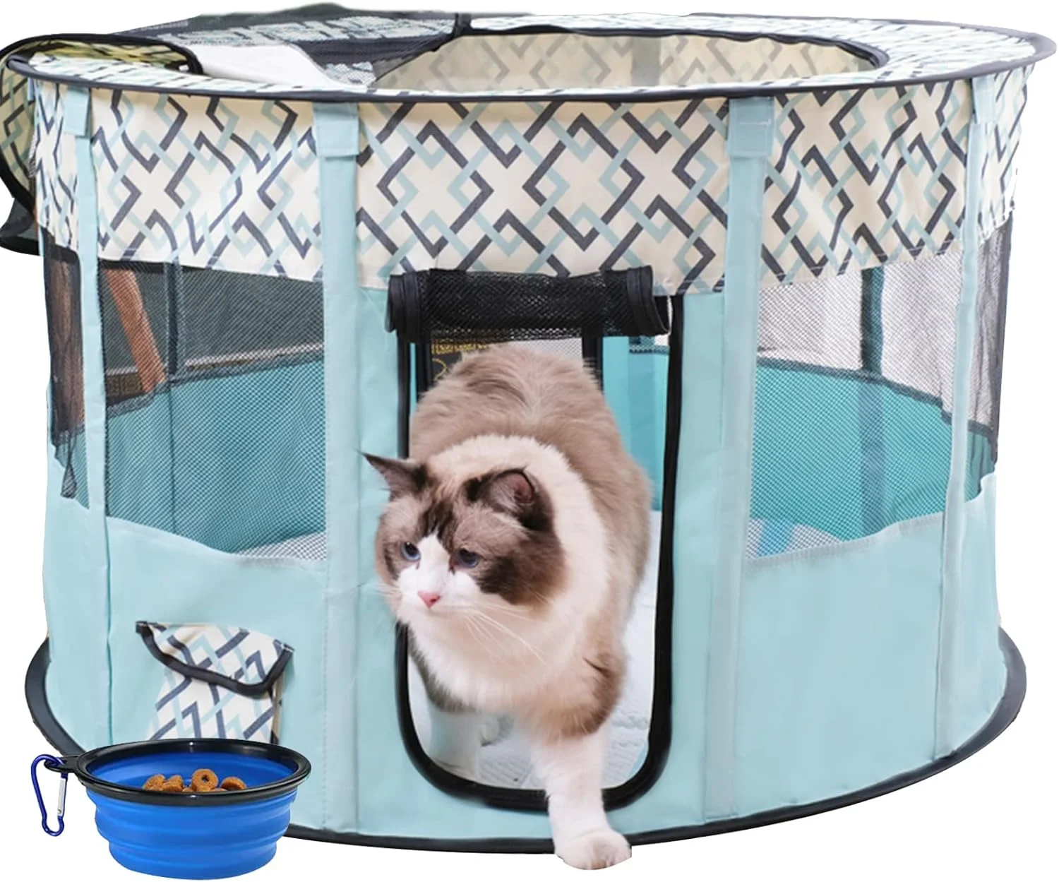 محوطه بازی تاشو قابل حمل حیوانات خانگی PJDDP با کف ضد آب و بالای زیپ دار، محوطه بازی توله سگ قفس تاشو چادر تمرینی، مناسب برای استفاده در سفر در فضای داخلی و خارجی با کاسه مسافرتی رایگان، سبز، L