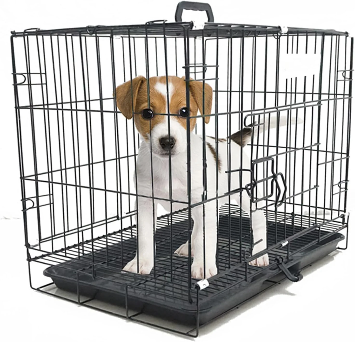 قفس سگ PJDDP سایز 23.6 اینچ - قفس فلزی تاشو مشکی سنگین با سینی پایه پلاستیکی مقاوم در برابر جویدن و دسته حمل - ایده آل برای آموزش توله سگ