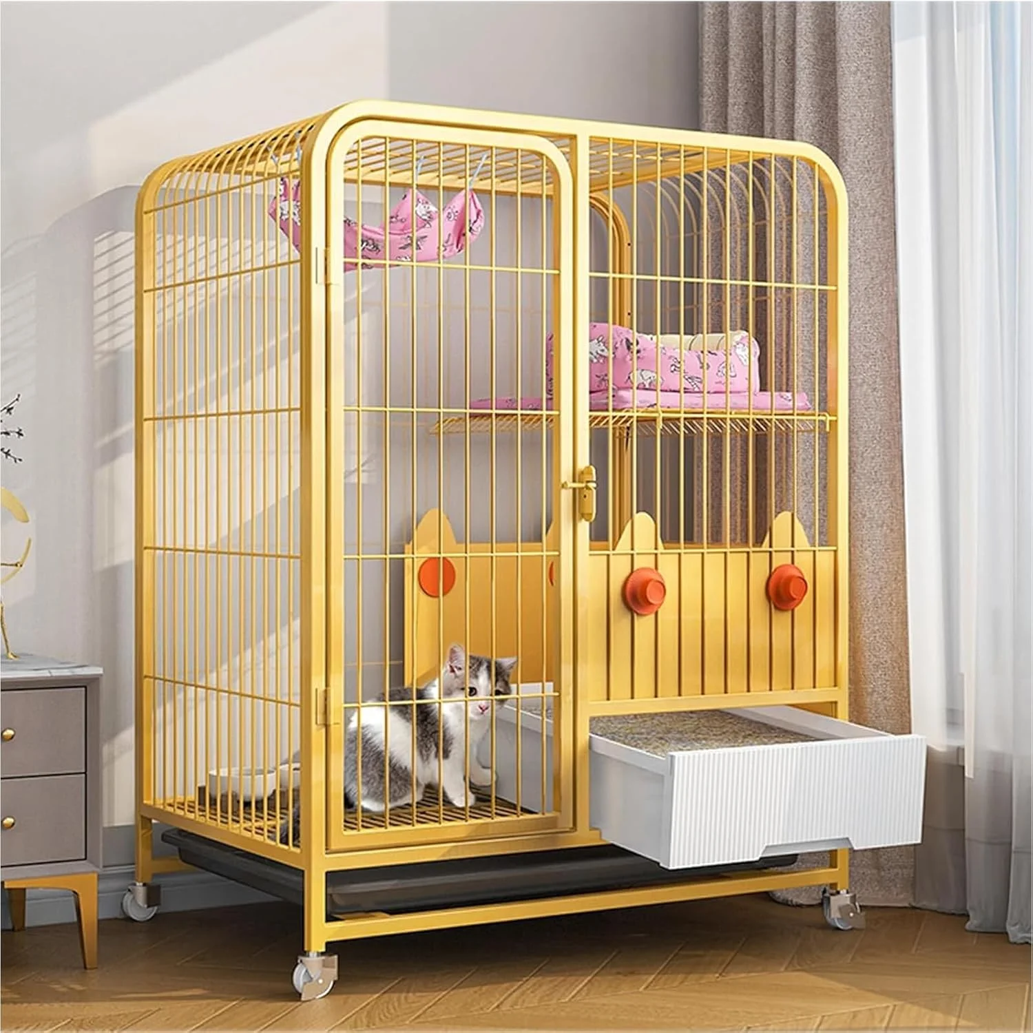 قفس دو طبقه گربه PJDDP برای داخل خانه، پارک بازی قفس گربه، قفس گربه، قفس گربه با قاب لوله مربعی، قفس گربه فلزی با چرخ های گردان و جعبه بستر