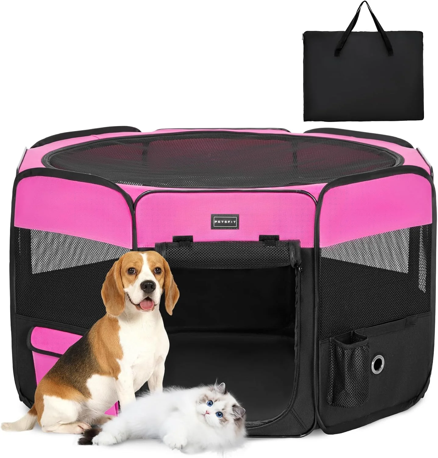 محوطه بازی تاشو PETSFIT برای توله سگ، حیوانات کوچک، سگ ها و گربه ها، محوطه بازی ضد آب و قابل شستشو برای فضای باز با قفل های زیپی، محوطه بازی سگ برای مسافرت و کمپینگ، صورتی رز، سایز M