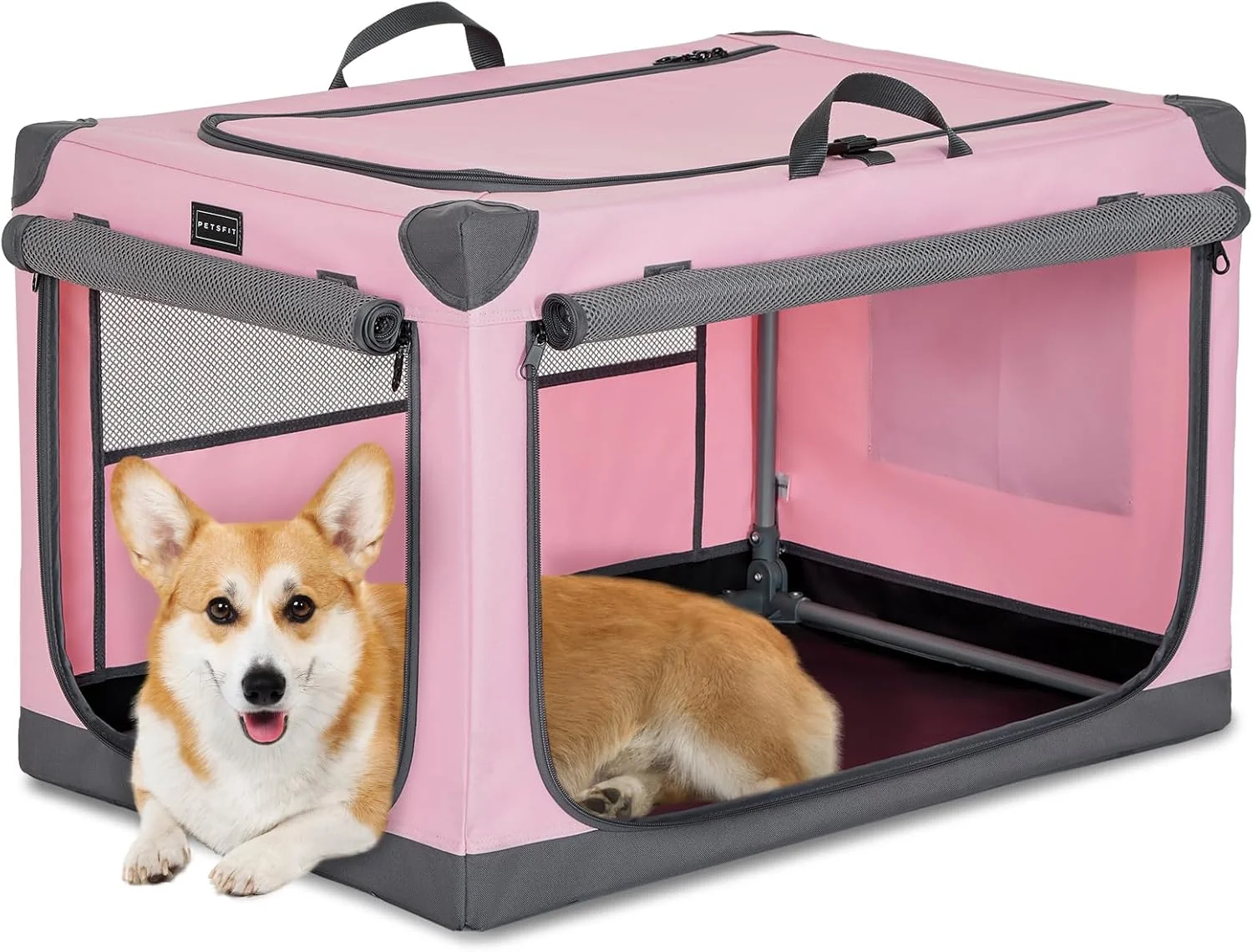  باکس حمل سگ Petsfit تاشو 30 اینچی صورتی، روکش پارچه ای قابل تنظیم با لوله آهنی مارپیچ، مقاوم در برابر جویدن، طراحی 3 درب