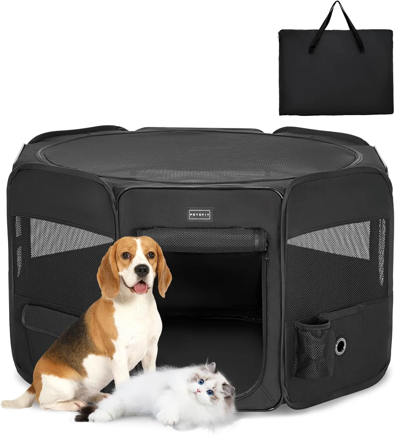 محوطه بازی تاشو PETSFIT برای توله سگ، مناسب حیوانات کوچک، سگ ها و گربه ها، محوطه بیرونی سگ با کف ضد آب، طراحی مقاوم در برابر جویدن، مشکی، سایز M، ابعاد 92x84x53 سانتی متر