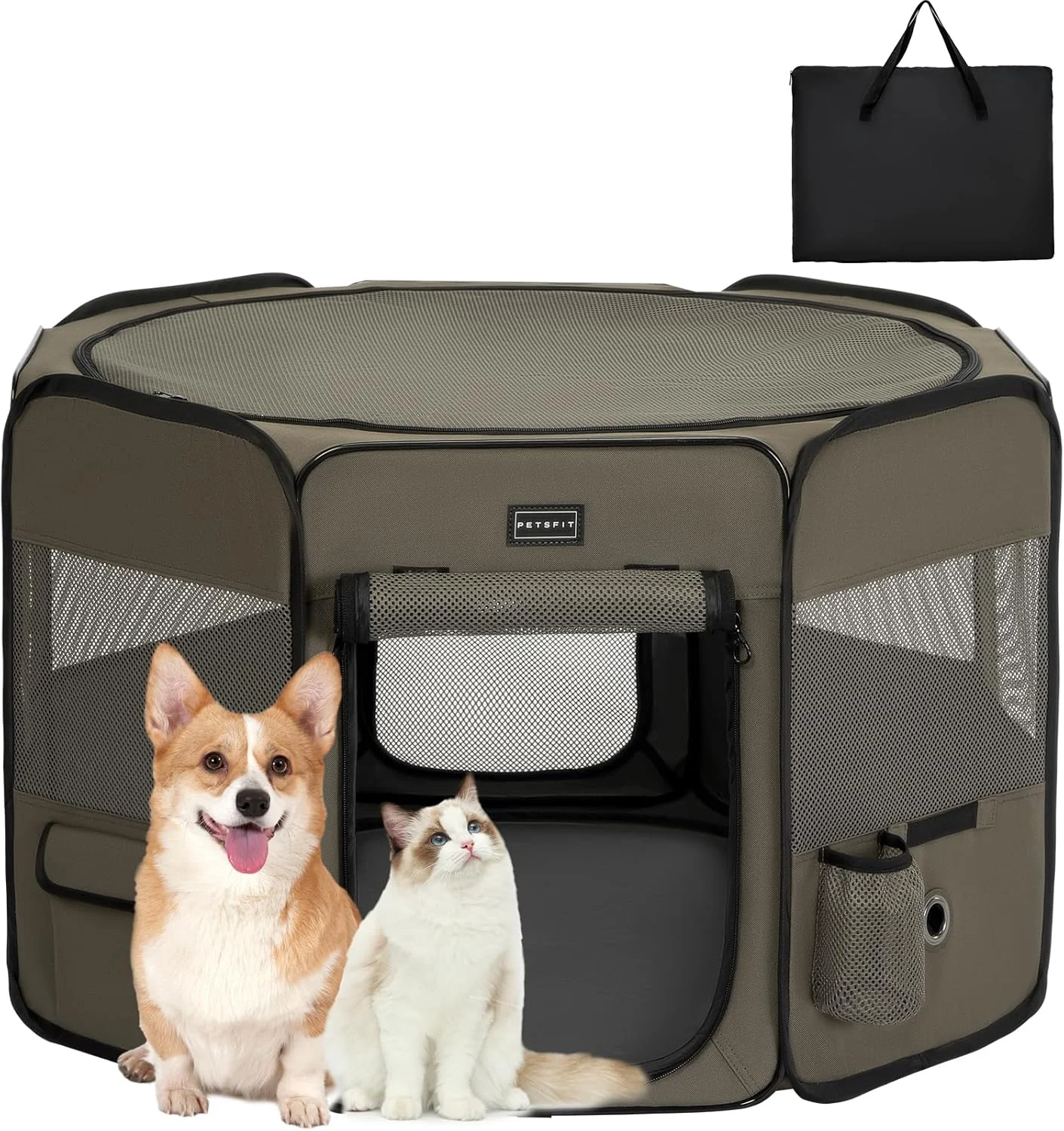 محوطه بازی سگ PETSFIT، کف ضد نشت، تاشو، محوطه بازی توله سگ تاشو، طراحی مقاوم در برابر جویدن، محوطه بازی سگ در داخل خانه، 91 × 84 × 53 سانتی متر، خاکستری چای
