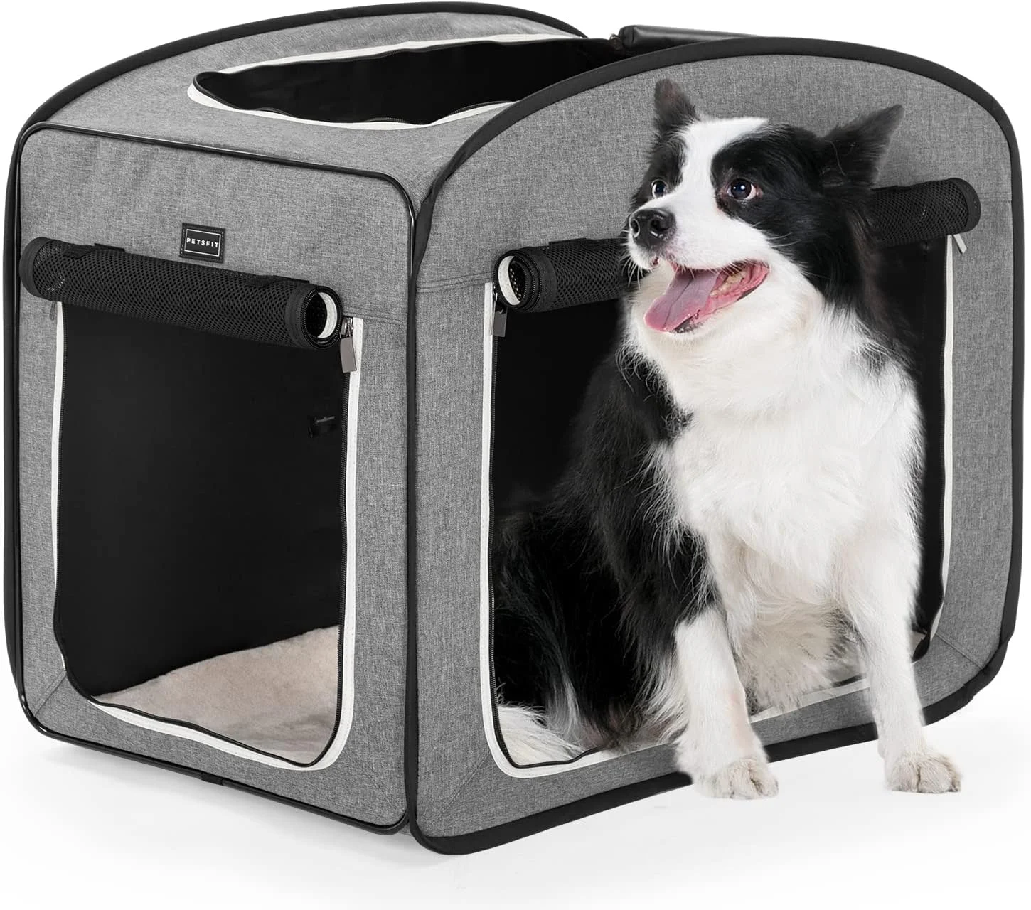  باکس سگ تاشو Petsfit، لانه سگ تاشو، قفس حیوانات خانگی سبک و قابل حمل برای سگ های بزرگ متوسط، شامل تشک نرم و کیف حمل، خاکستری، بزرگ