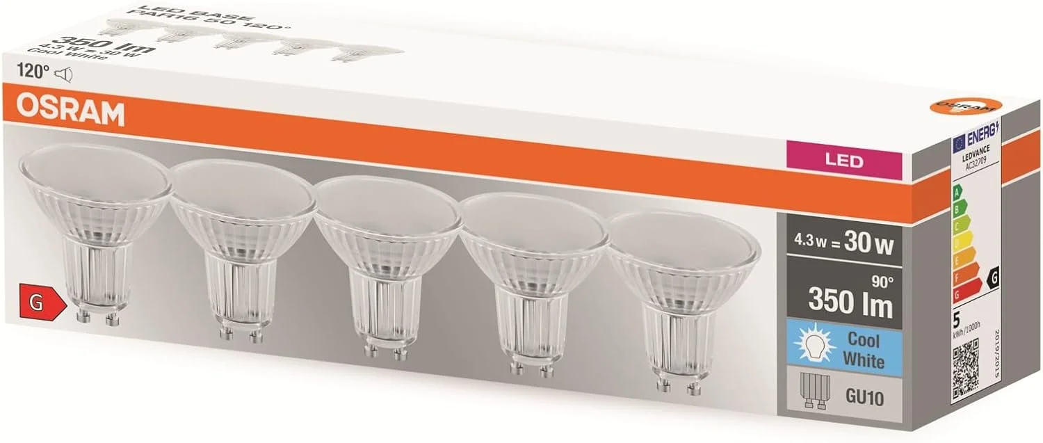 لامپ ال ای دی رفلکتوری پایه GU10 اوسرام مدل BASE PAR16 50، نور سفید سرد (4000K)، جایگزین لامپ های هالوژنی 50 وات، بسته 5 عددی لامپ ال ای دی رفلکتوری پایه GU10 اوسرام مدل BASE PAR16 50، نور سفید سرد (4000K)، جایگزین لامپ های هالوژنی 50 وات، بسته 5 عددی