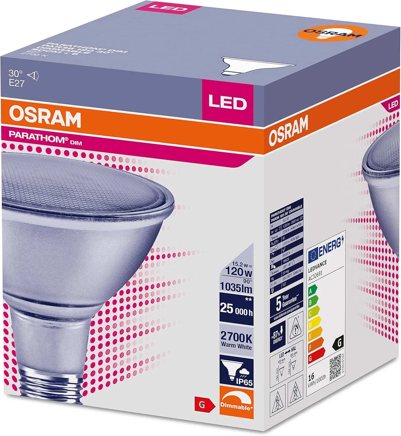 لامپ ال ای دی اسپات Osram PAR38، 12.5 وات معادل 120 وات، پایه E27 – سفید گرم 2700K – IP65 – غیر قابل تنظیم نور – 1035 لومن – 1 عدد لامپ ال ای دی اسپات Osram PAR38، 12.5 وات معادل 120 وات، پایه E27 – سفید گرم 2700K – IP65 – غیر قابل تنظیم نور – 1035 لومن – 1 عدد