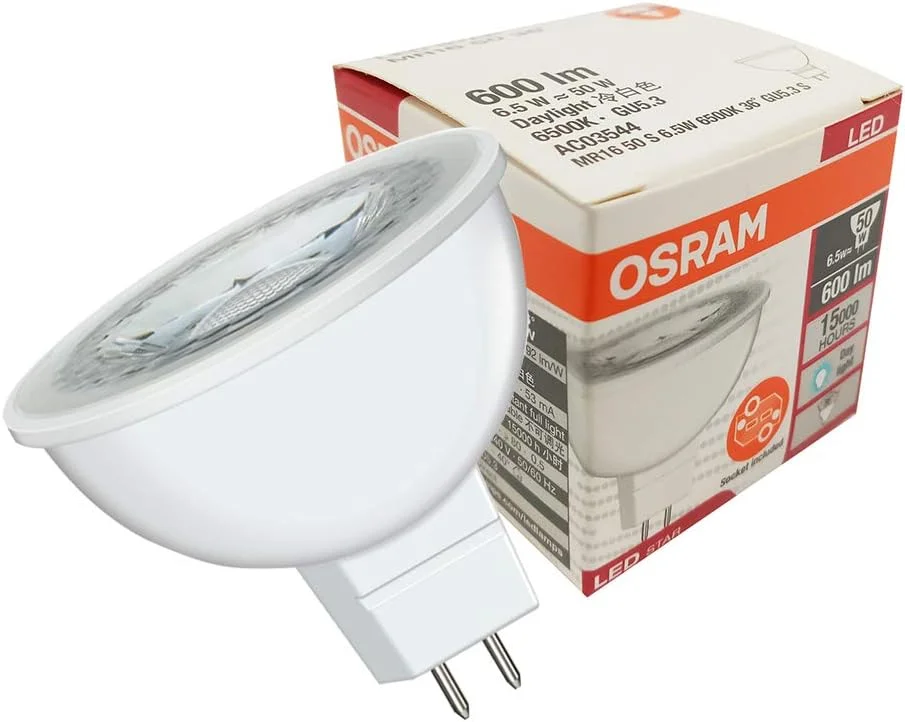 لامپ ال ای دی استار MR16 اوسرام 12 ولت / دارای سوکت - معادل لامپ های بازتابنده 50 وات 6.5 وات، پایه پین GU5.3، نور روز / 6500 کلوین - 600 لومن، O-LED-MR16-6.5WC-HOL