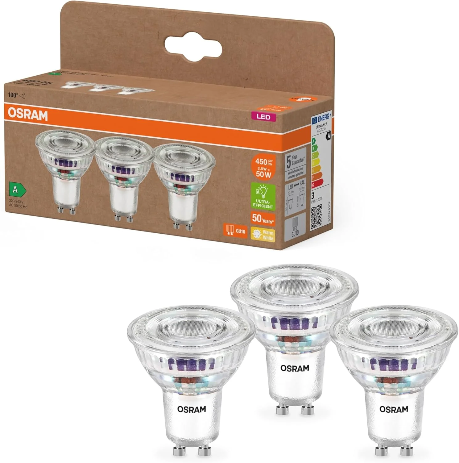 لامپ ال ای دی رفلکتوری PAR16 اوسرام، توان 2.5 وات، 450 لومن، نور سفید گرم (2700 کلوین)، شیشه شفاف بدون سرب با پایه GU10، کلاس انرژی A، قطر 50 میلی متر، IP20
