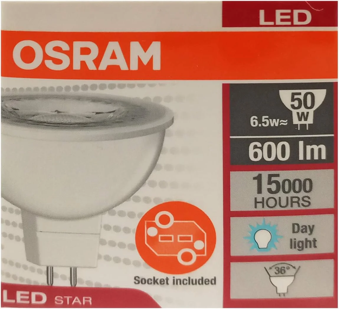 لامپ ال ای دی استار MR16 اوسرام 12 ولت / دارای سوکت - معادل لامپ های بازتابنده 50 وات 6.5 وات، پایه پین GU5.3، نور روز / 6500 کلوین - 600 لومن، O-LED-MR16-6.5WC-HOL