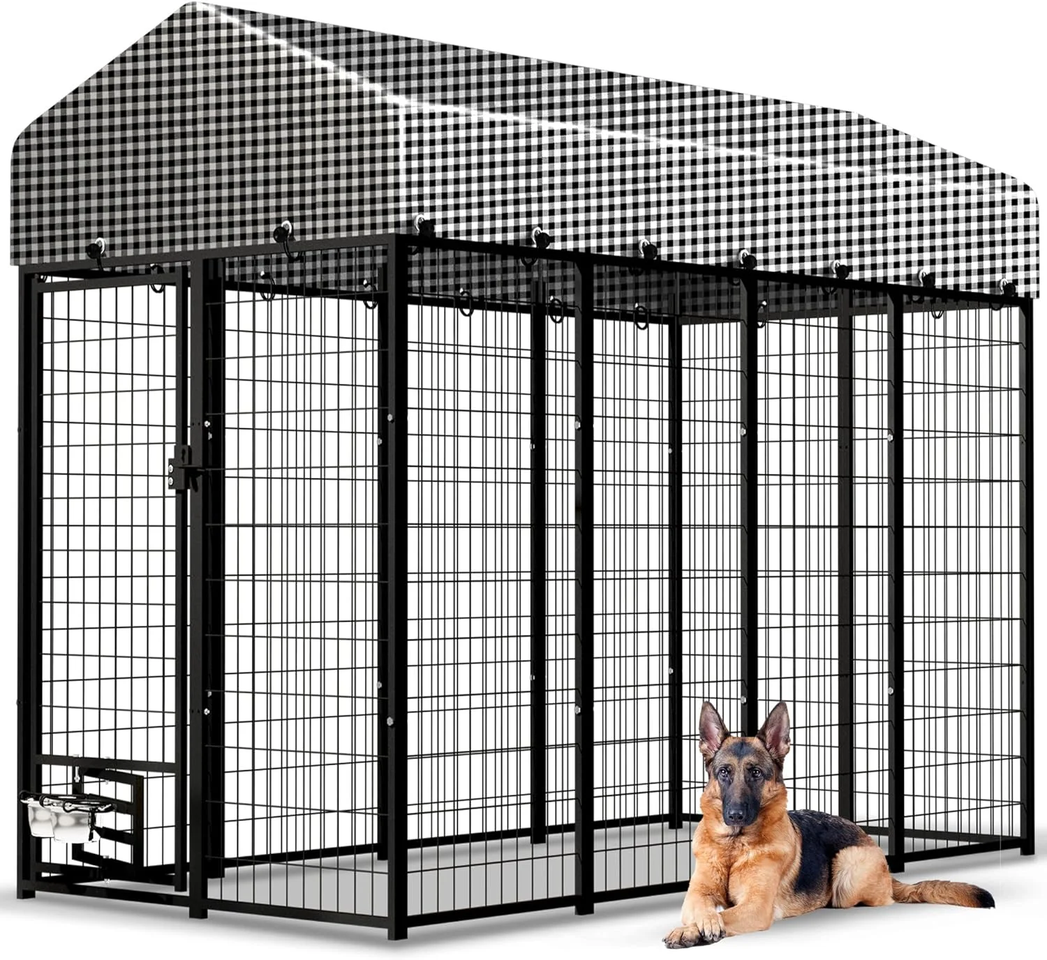 محوطه بزرگ سگ در فضای باز، محفظه سگ در فضای باز 8'x4'x6' خانه سگ با پوشش سقف، حصار بازی سگ با سیم جوش داده شده سنگین و درب تغذیه