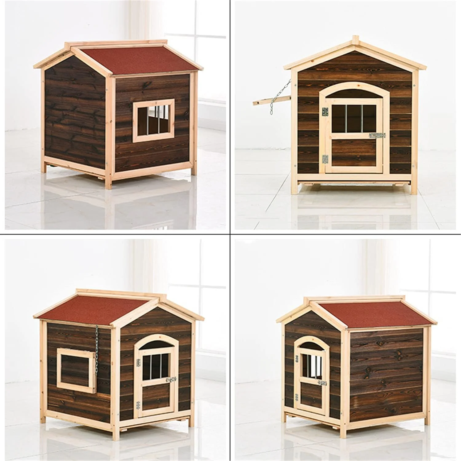 خانه سگ چوبی، مناسب فضای باز با درب و پنجره، لانه حیوانات خانگی، پناهگاه حیوانات خانگی، مبلمان حیوانات خانگی، دارای صفحه پایه کشویی، برای حیوانات کوچک، متوسط و بزرگ، رنگ چوب، L
