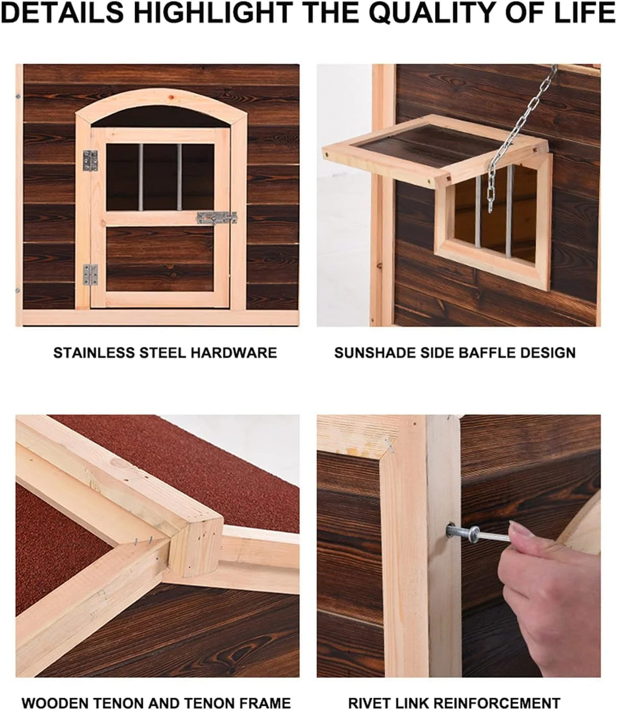 خانه سگ چوبی، مناسب فضای باز با درب و پنجره، لانه حیوانات خانگی، پناهگاه حیوانات خانگی، مبلمان حیوانات خانگی، دارای صفحه پایه کشویی، برای حیوانات کوچک، متوسط و بزرگ، رنگ چوب، L