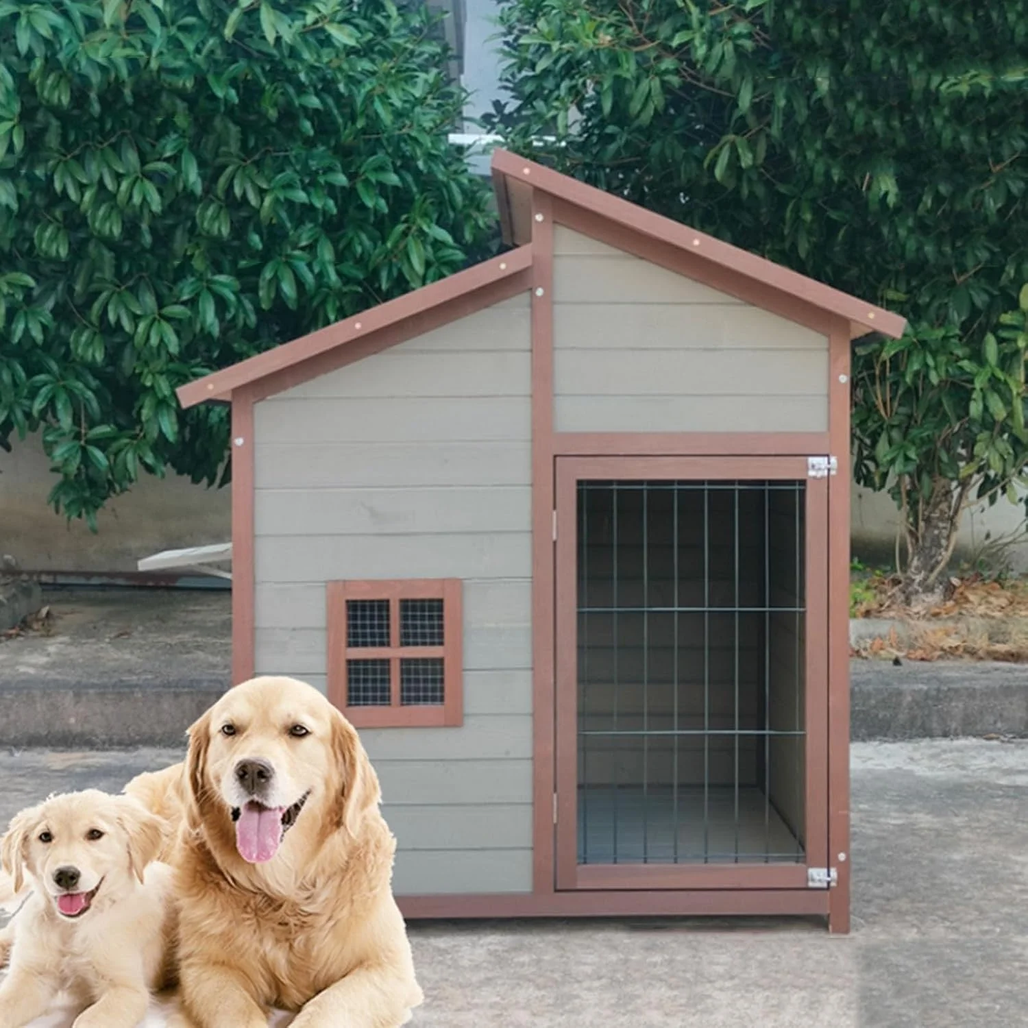 Outdoor Dog House, Wooden Dog Kennel with Removable Floor and Adjustable Window, Weatherproof,Insulated Dog Villa