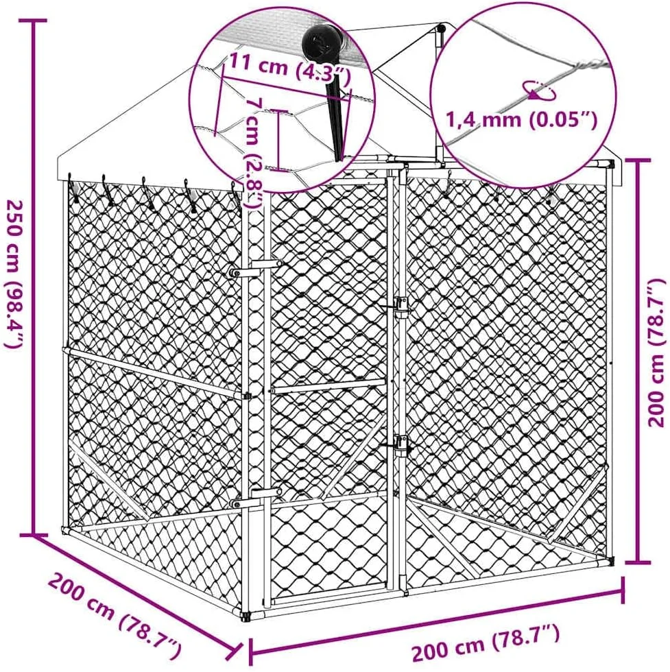 قفس سگ در فضای باز | خانه سگ | قفس خانه حیوانات خانگی با سقف نقره ای 2x2x2.5 متر فولاد گالوانیزه CFW92840