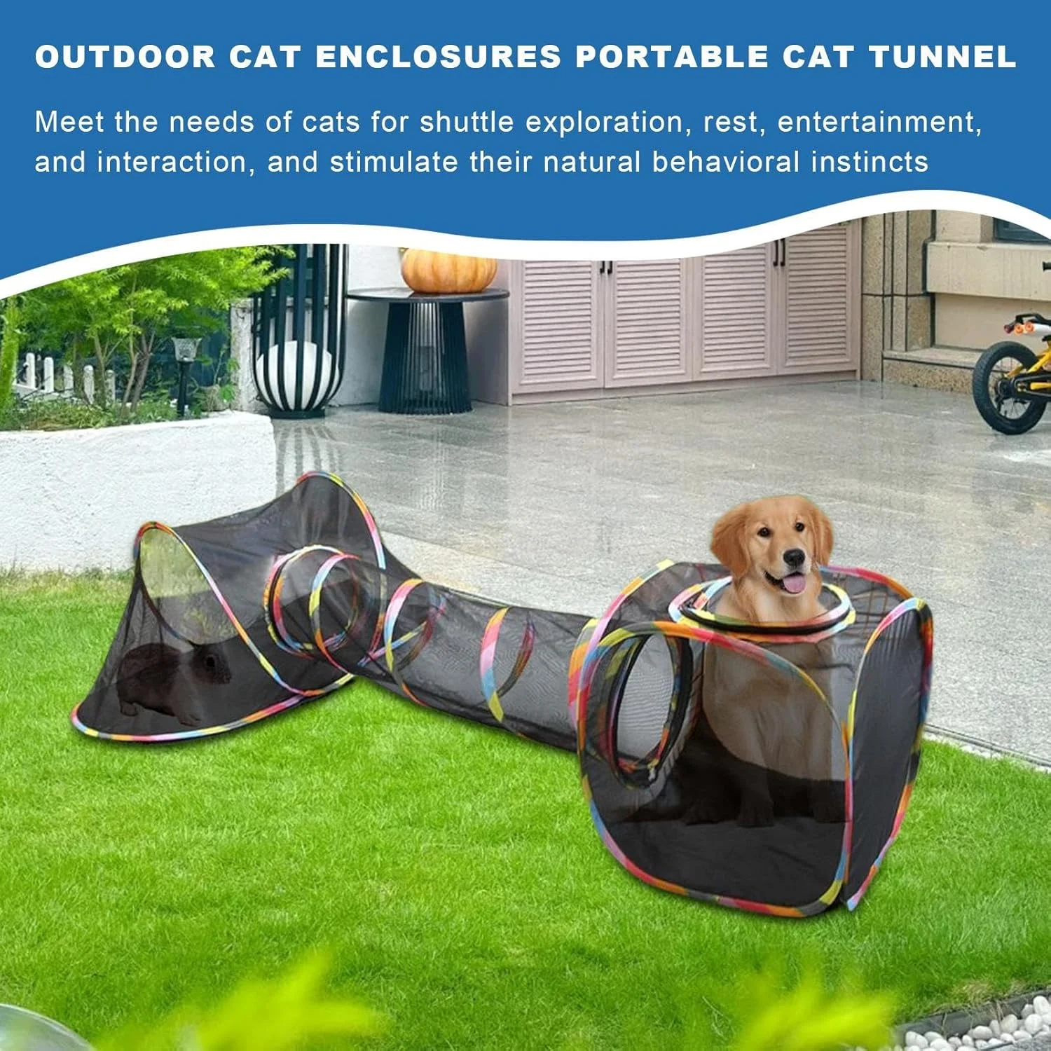 محوطه بیرونی گربه، تونل بازی قابل حمل حیوانات خانگی | تونل محفظه توری حیوانات خانگی مقاوم در برابر آب و هوا برای پاسیو، حیاط، باغ، خانه، آپارتمان