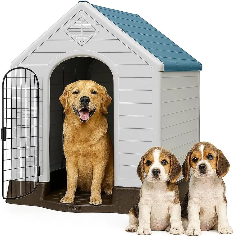 خانه سگ NNC PETS مناسب فضای باز | خانه سگ پلاستیکی بادوام و ضد آب و هوا برای سگ های متوسط ​​تا بزرگ | پناهگاه چهار فصل با دریچه های هوا، درب قفل دار و کف مرتفع، مونتاژ آسان (آبی، 100 سانتی متر)