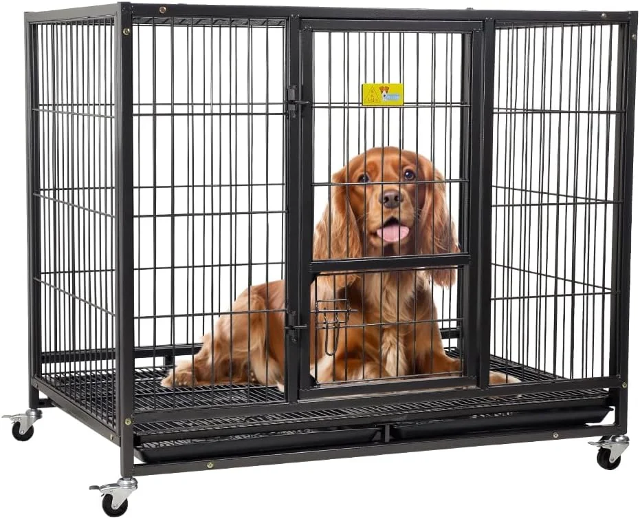 قفس بزرگ سگ NNC PETS مناسب استفاده در داخل و خارج از خانه - باکس سگ فلزی سنگین 110 سانتی متری با درب قفل دار، درب غذاخوری، سینی جداشدنی و چرخ های جهانی - قفس حیوانات خانگی فلزی محکم (مشکی، بزرگ)