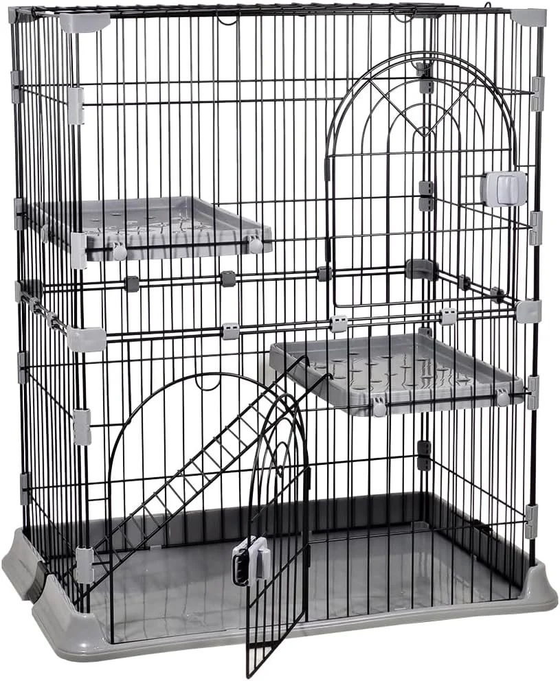 قفس گربه NNC PETS با 2 درب قفل‌دار - خانه بازی سیمی فلزی 2 طبقه برای گربه‌های خانگی - تخت آویز راحت، نردبان صعود، سینی کشویی و چرخ‌های جهانی، مونتاژ آسان (خاکستری، 88 سانتی‌متر)