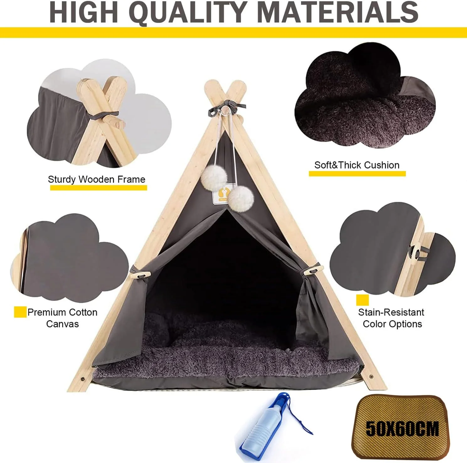 چادر گربه IS MUHE، تیپی حیوانات خانگی با کوسن قابل جابجایی و شستشو، مونتاژ آسان، چادر سگ قابل شستشو، خانه گربه قابل حمل، تخت گربه زیبا (خاکستری)