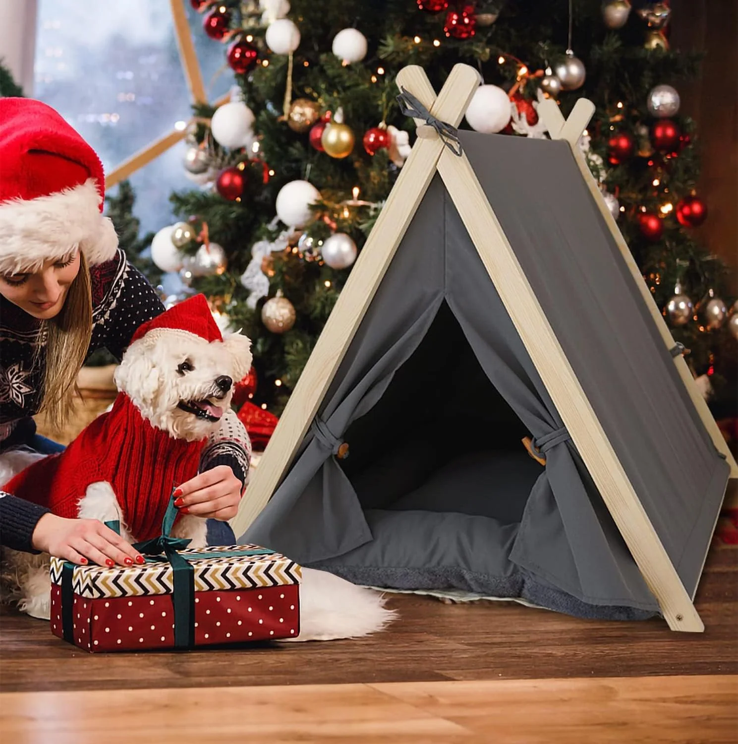 چادر گربه IS MUHE، تیپی حیوانات خانگی با کوسن قابل جابجایی و شستشو، مونتاژ آسان، چادر سگ قابل شستشو، خانه گربه قابل حمل، تخت گربه زیبا (خاکستری)