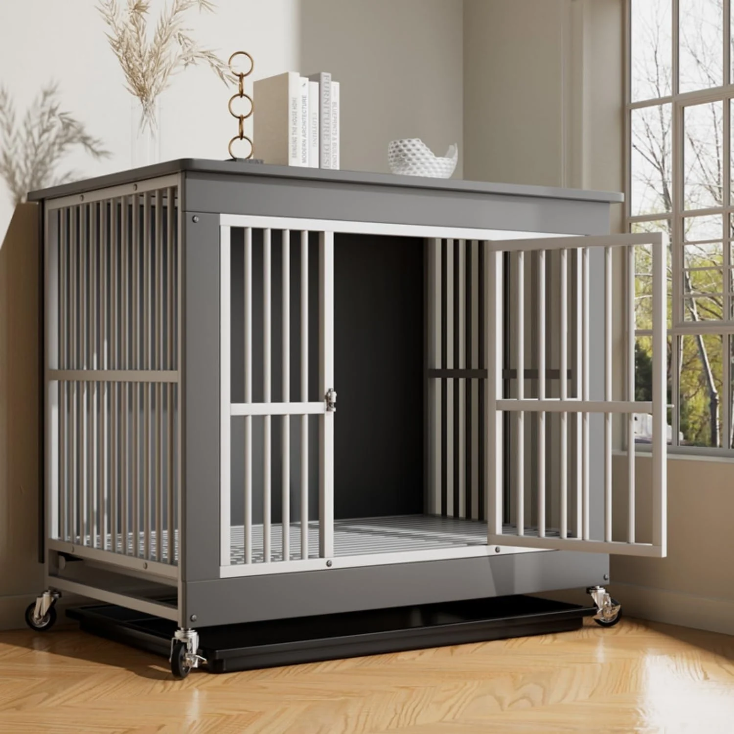 Modern Dogs Kennel Indoor, Furniture Style Dog House with Wheels, 2-in-1 Iron-Wood Fusion Decorative Dog Cage(Gray,Large)