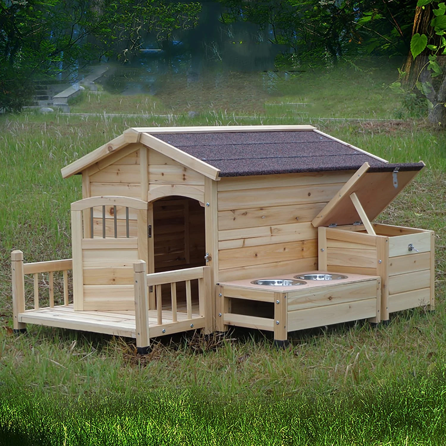 خانه سگ چوبی فضای باز MaxtiL، خانه سگ فضای باز به سبک کلبه، لانه حیوانات خانگی چوبی مرتفع با سقف سنگی کوچک، درب جلو، پنجره جانبی، ایوان برای سگ های متوسط/بزرگ، ظرفیت بارگیری 25 کیلوگرم خانه سگ چوبی فضای باز MaxtiL، خانه سگ فضای باز به سبک کلبه، لانه حیوانات خانگی چوبی مرتفع با سقف سنگی کوچک، درب جلو، پنجره جانبی، ایوان برای سگ های متوسط/بزرگ، ظرفیت بارگیری 25 کیلوگرم