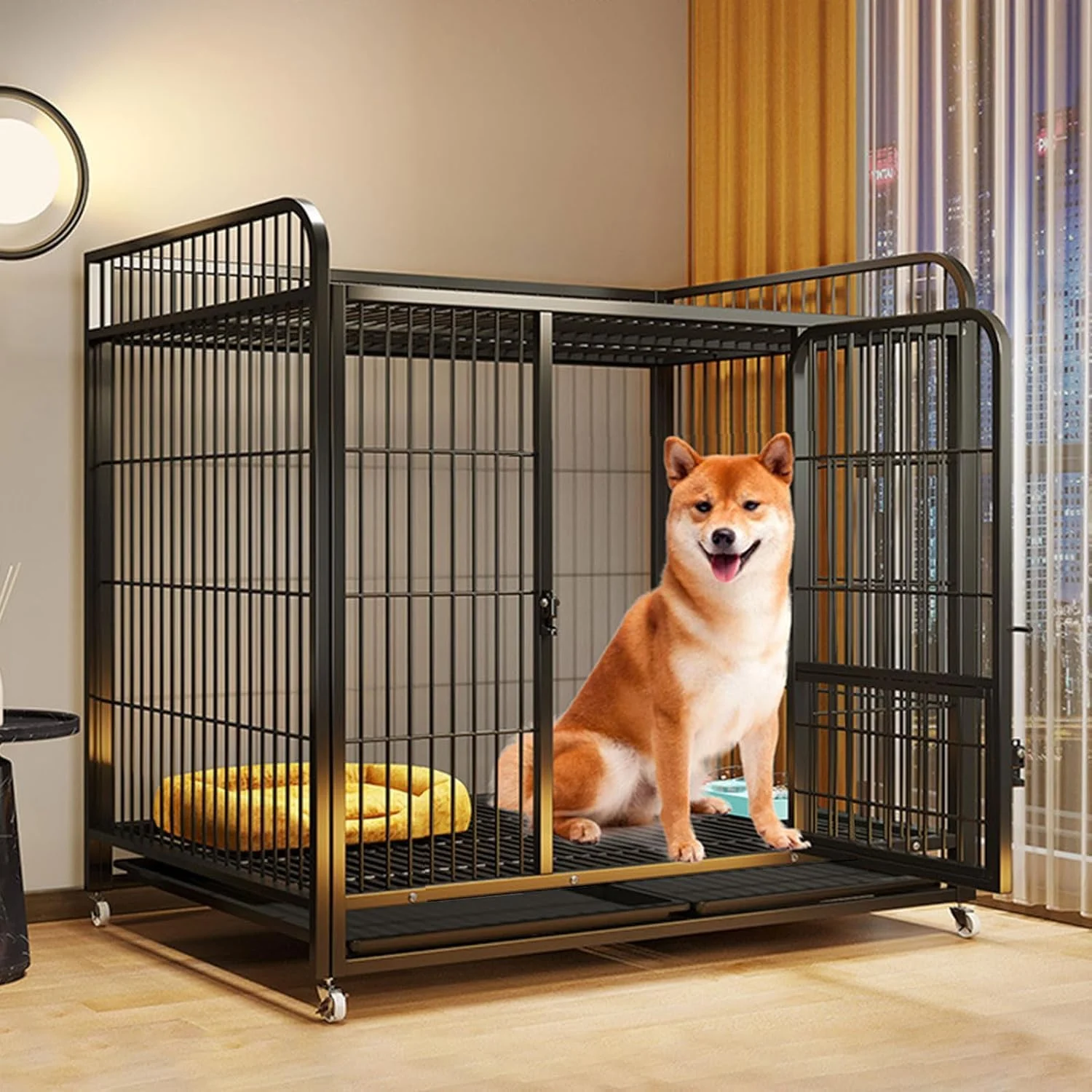 LIODUX Dog Cage, Heavy Duty Metal Dog Crate, Dog Kennel for Small/Medium/Large Dogs, Double Doors & Locks & Removable Tray & Lockable Wheels Pet Cage, Dogs Enclosures (Black, Medium)