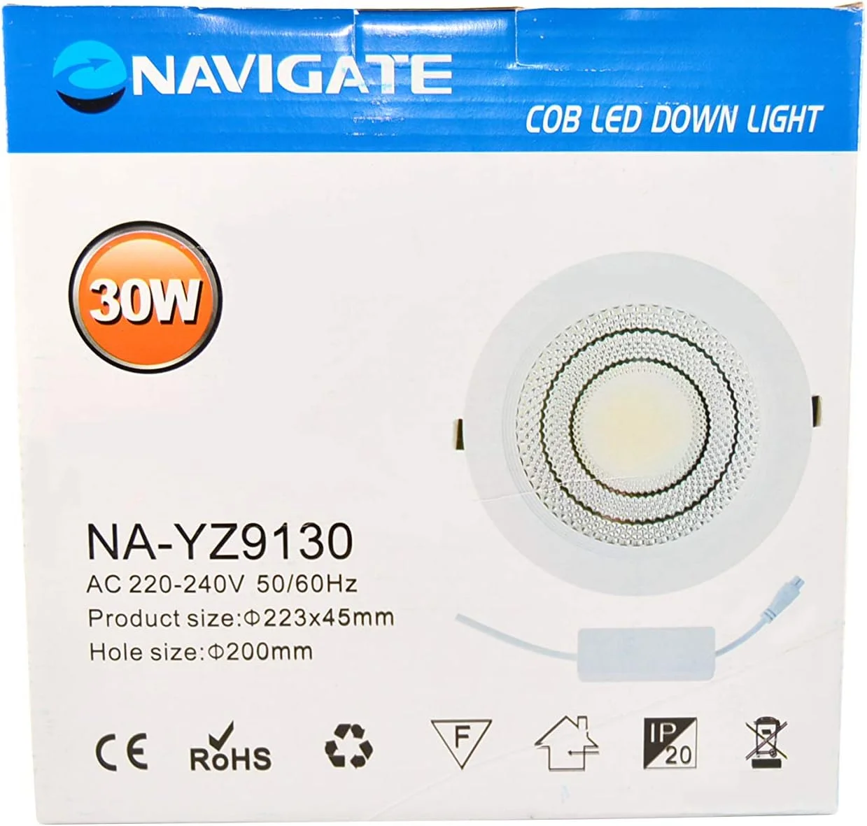 چراغ ال ای دی دان لایت NAVIGATE مدل NA-9120 با توان 20 وات و سایز 6 اینچ / مدل NA-9130 با توان 30 وات و سایز 8 اینچ، ولتاژ 220V-240V و فرکانس 50/60 هرتز، رنگ سفید/سفید گرم (30 وات سفید 6500K)