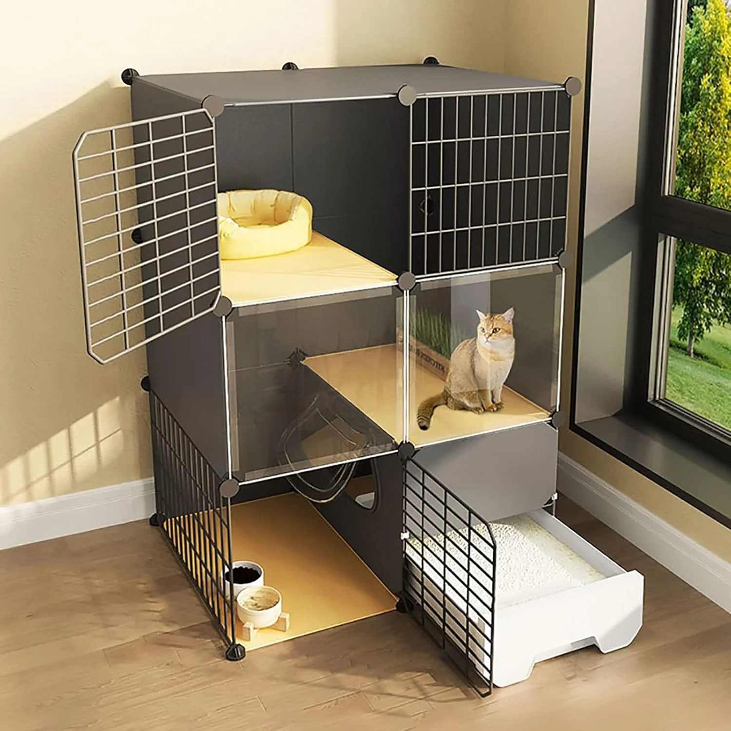 With Cat Litter Box, Indoor, 2/3 Tier Cat Crate Cat Playpen Cat Enclosure Small Animal Cage Dog Cage, Exercise Place Ideal For 1-3 Cat,Black-75x49x109cm