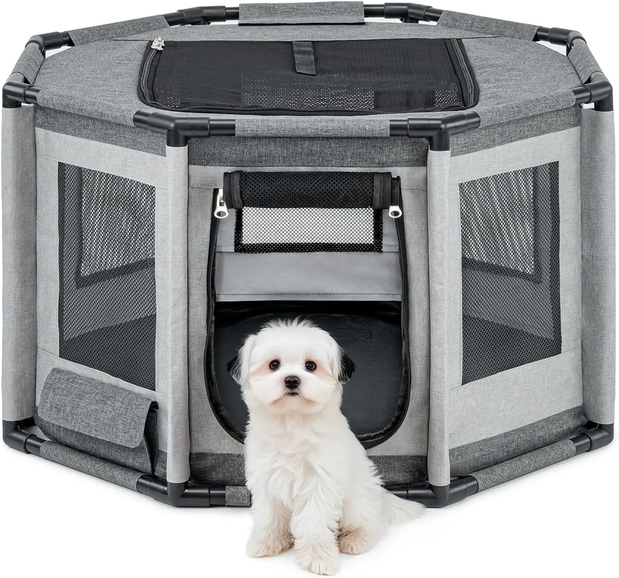 محوطه بازی توله سگ Lionto از جنس پارچه آکسفورد با توری تنفسی و زیپ و جیب کناری، محوطه بازی بیرونی برای سگ ها و گربه ها با قاب لوله PVC، قفس سگ هشت ضلعی، 72 x 72 x 43 سانتی متر، خاکستری