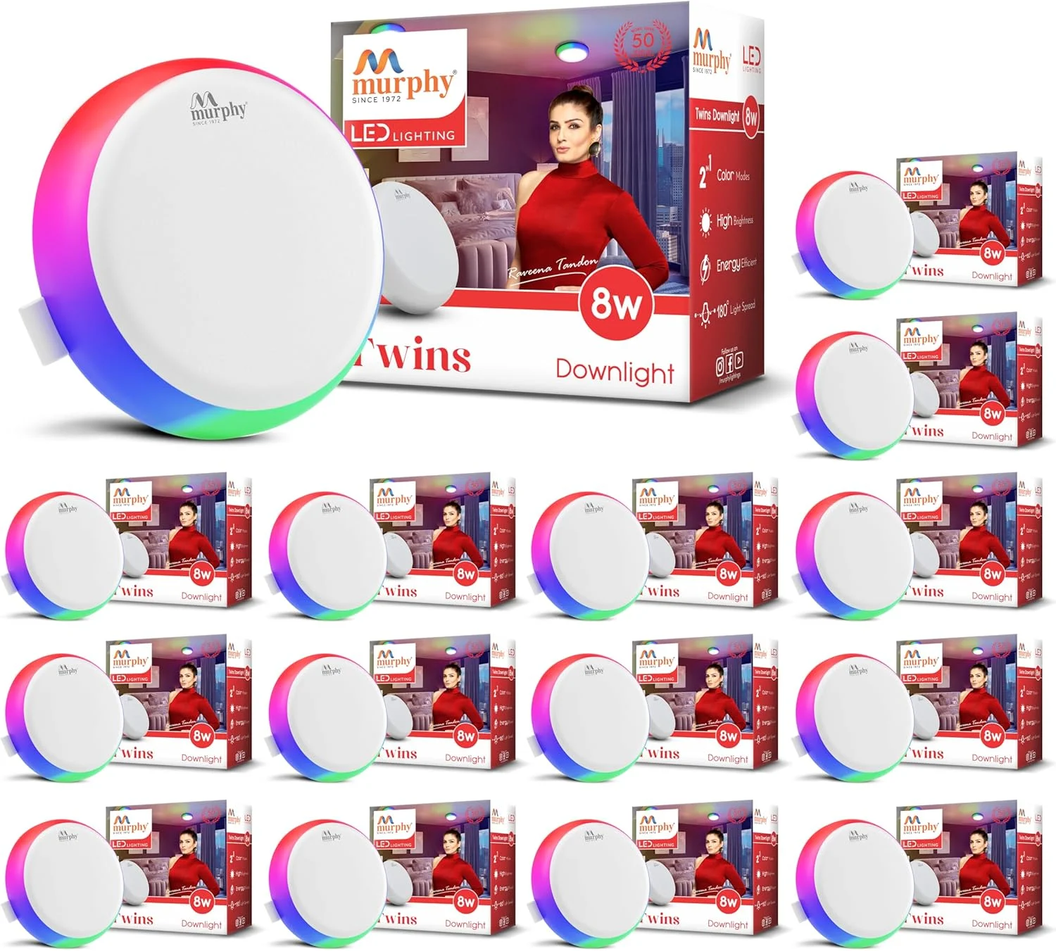 چراغ ال ای دی گرد دو رنگ 2 در 1 مورفی 7 وات + 7 وات مناسب جعبه اتصال عمیق (سفید یخی + چند رنگ، بسته 15 عددی)