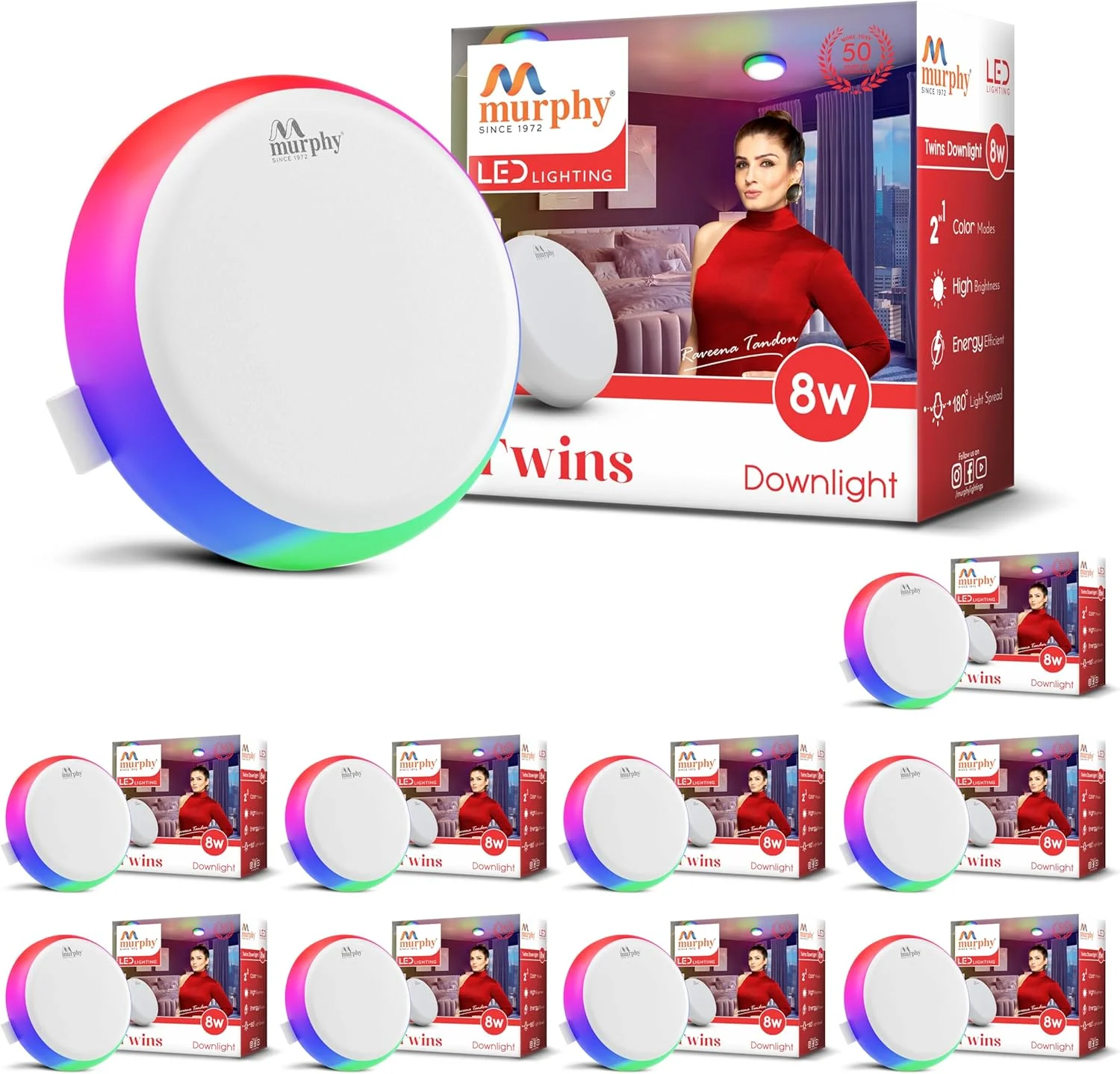 چراغ ال ای دی گرد دو رنگ 7 وات + 7 وات مورفی مدل Deep Junction Box (سفید یخی + چند رنگ، بسته 10 عددی)