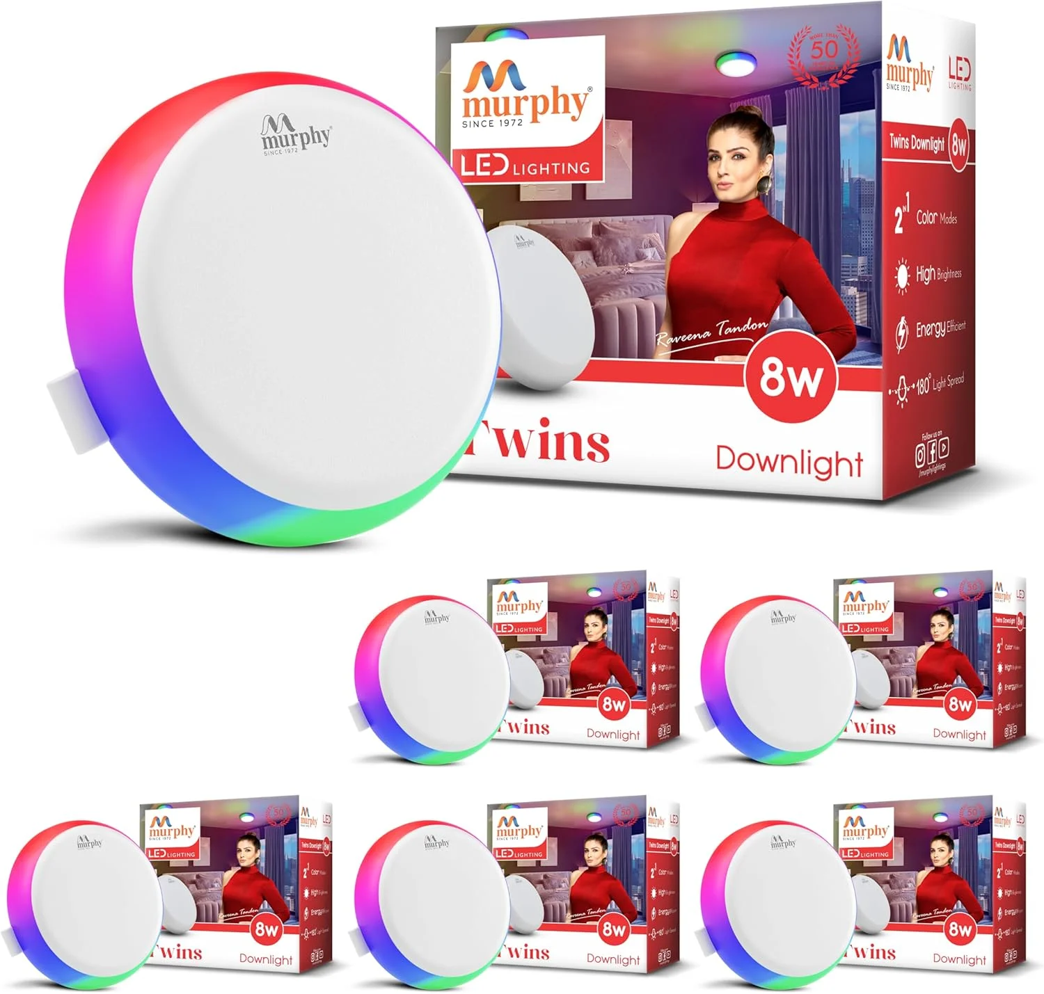 چراغ ال ای دی گرد دو رنگ 7W+7W مورفی 2 در 1 مناسب جعبه اتصال عمیق (سفید یخی + چند رنگ، بسته 6 عددی)