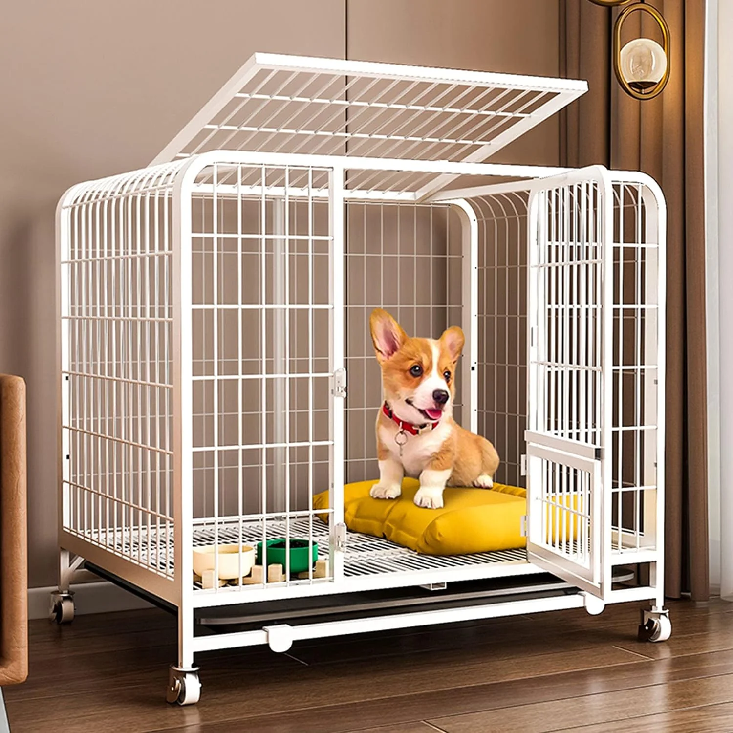 قفس بزرگ سگ LAKIKA - قفس سگ بزرگ فلزی سنگین با سینی و چرخ - سفید (رنگ: سفید، اندازه: 95 * 65 * 85 سانتی متر)
