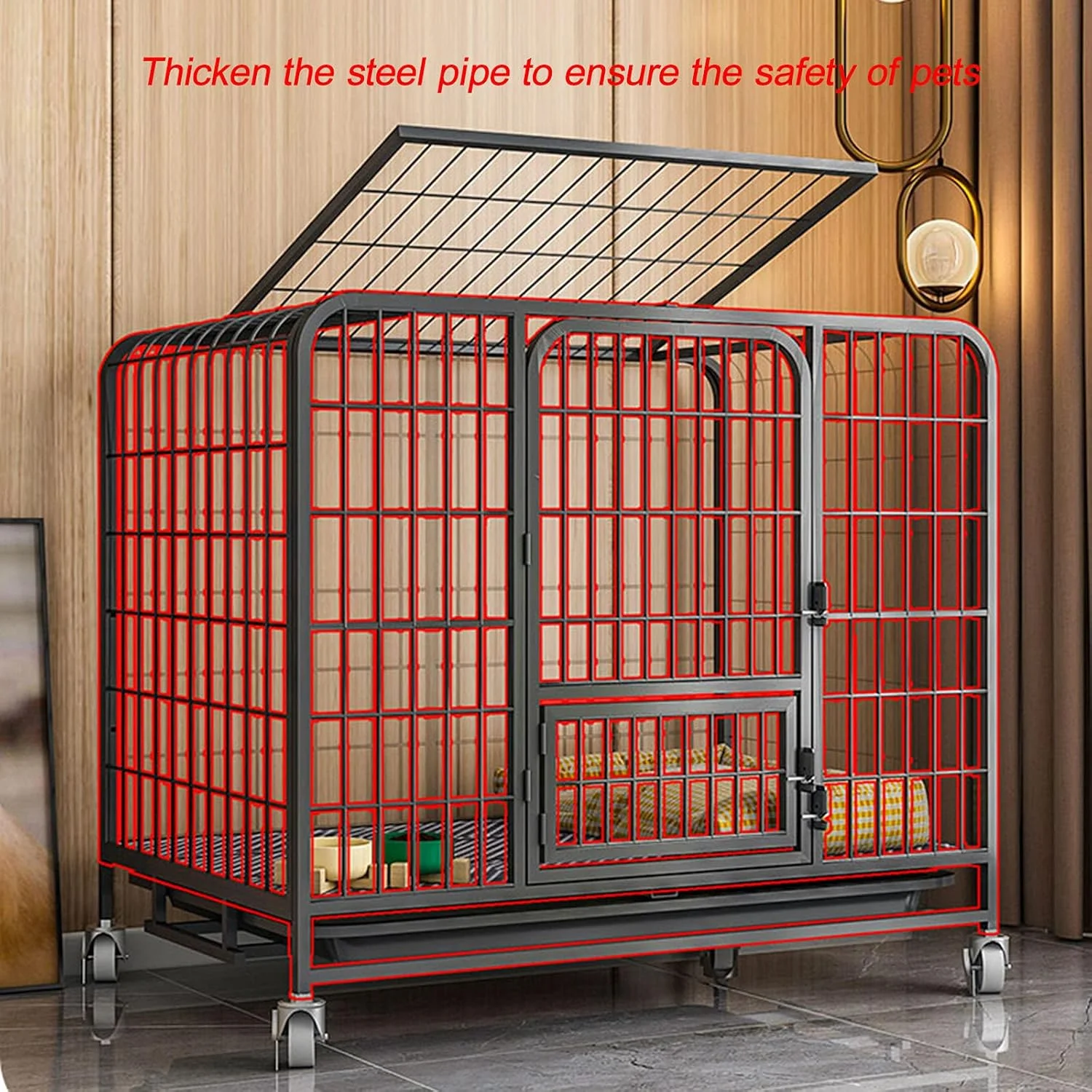 قفس بزرگ سگ LAKIKA - قفس سگ بزرگ فلزی سنگین با سینی و چرخ - سفید (رنگ: سفید، اندازه: 95 * 65 * 85 سانتی متر)