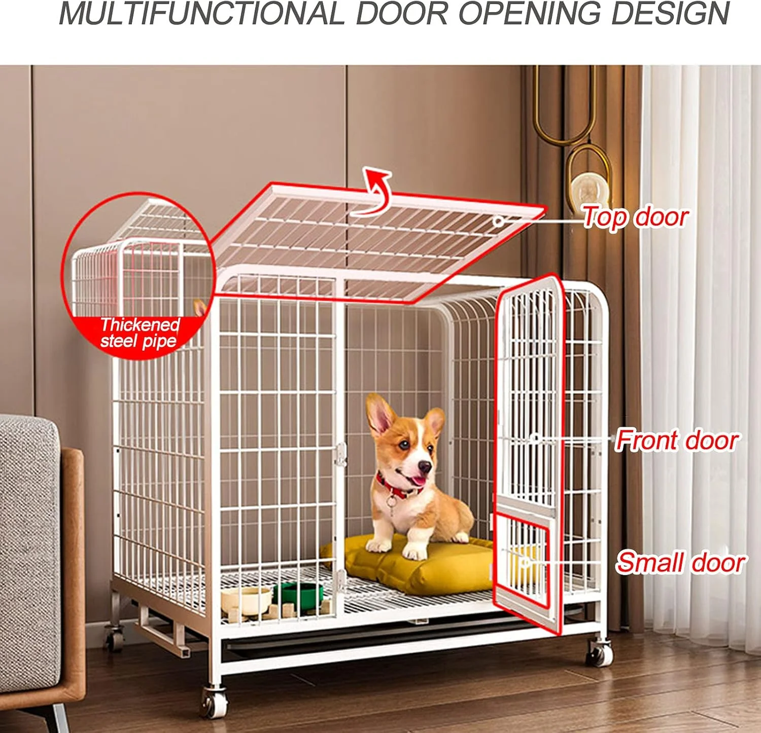 قفس بزرگ سگ LAKIKA - قفس سگ بزرگ فلزی سنگین با سینی و چرخ - سفید (رنگ: سفید، اندازه: 95 * 65 * 85 سانتی متر)