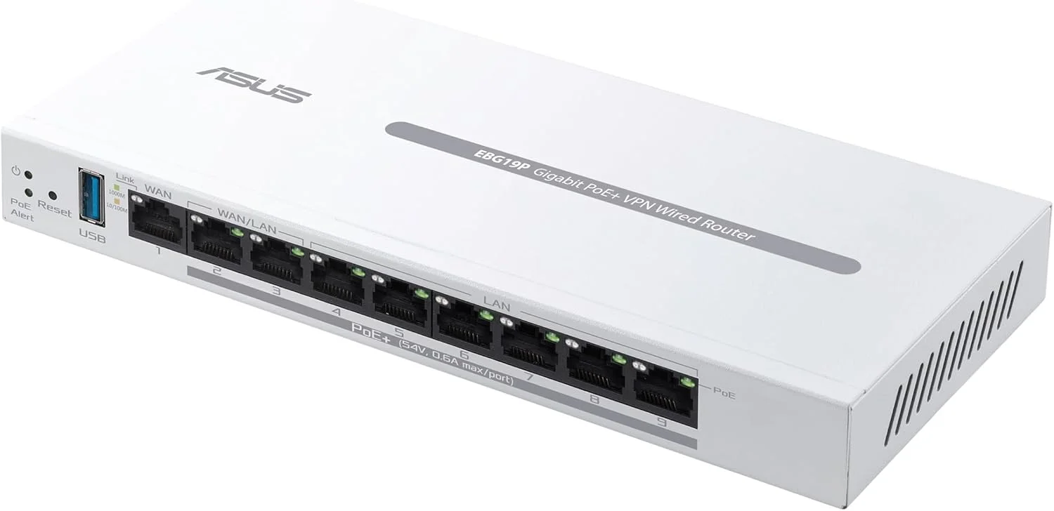 روتر سیمی گیگابیتی PoE+ VPN ایسوس ExpertWiFi EBG19P، دارای 8 پورت PoE+، توان 123 وات، تا 3 پورت اترنت WAN + 1 پورت USB WAN، ایده آل برای AP ها، امنیت شبکه در سطح تجاری، مدیریت آسان با برنامه ExpertWiFi روتر سیمی گیگابیتی PoE+ VPN ایسوس ExpertWiFi EBG19P، دارای 8 پورت PoE+، توان 123 وات، تا 3 پورت اترنت WAN + 1 پورت USB WAN، ایده آل برای AP ها، امنیت شبکه در سطح تجاری، مدیریت آسان با برنامه ExpertWiFi