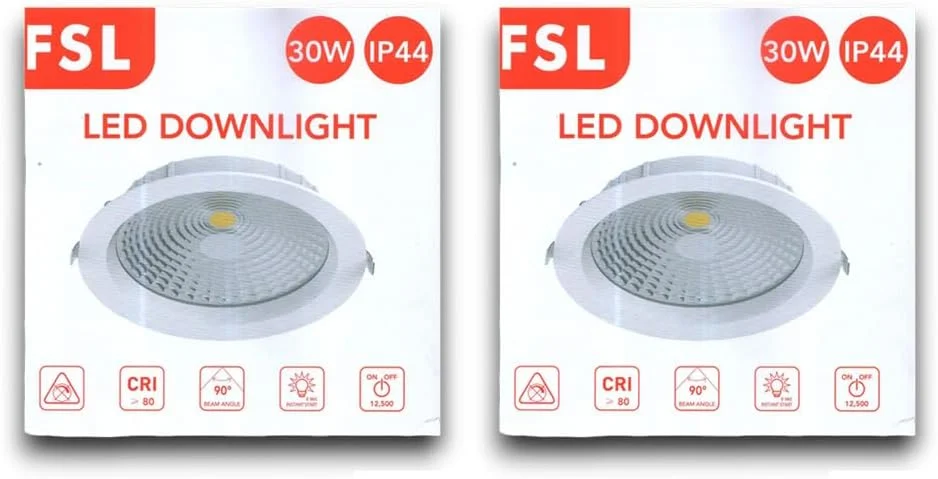 چراغ دانلایت ال ای دی FSL، 30 وات، 4000 کلوین نور سفید طبیعی، 2640 لومن، دارای استاندارد IP44، طول عمر 25000 ساعت، 220x48 میلی متر، بسته 2 عددی
