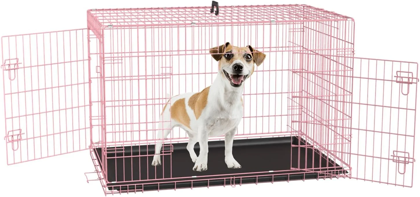 قفس سگ سایزهای 60، 75، 90، 105، 120 سانتی متری برای سگ های بزرگ، قفس سگ، لانه سگ، قفس فلزی تاشو با دو درب و سینی پلاستیکی ضد نشت، قفس حیوانات خانگی برای داخل و خارج از منزل (صورتی، 60 سانتی متر)